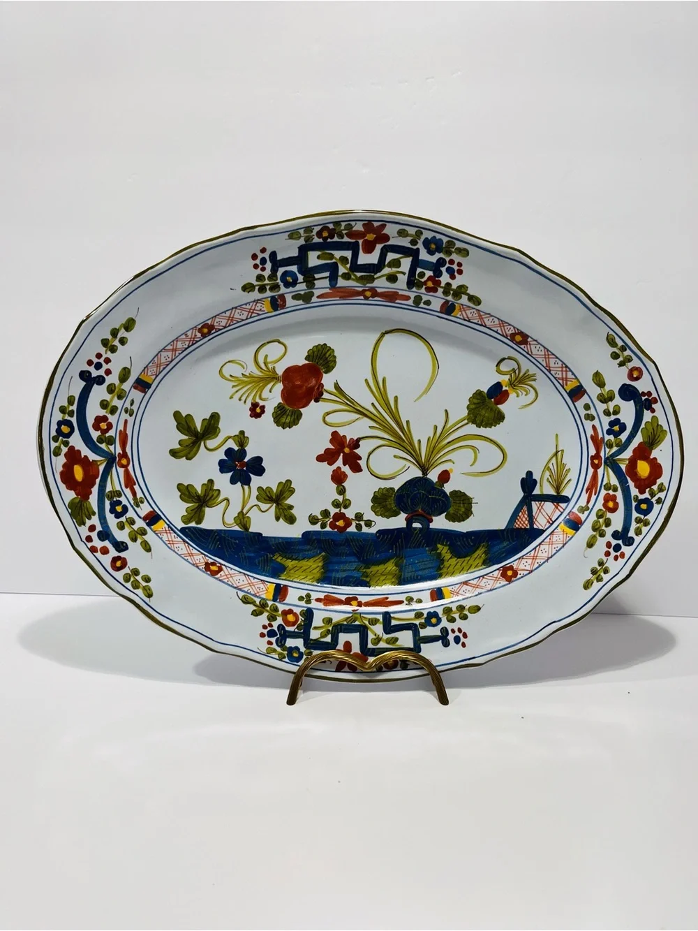Vintage Faenza Carofano Blue Carnation Large Oval Serving Platter Signed Italy